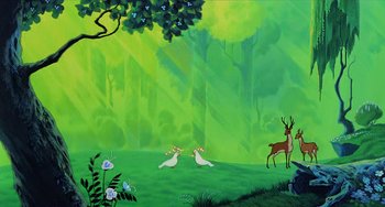 Movie still from “The Last Unicorn” (1982), directed by Jules Bass – A painting of a deer and two birds in a green forest; Extreme Wide shot, Low angle