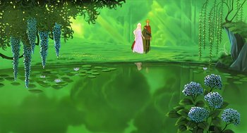Movie still from “The Last Unicorn” (1982), directed by Jules Bass – A couple of people standing next to a body of water; Wide shot, High angle