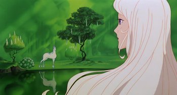 Movie still from “The Last Unicorn” (1982), directed by Jules Bass – A woman with long white hair looking at a tree with a unicorn on it; Medium shot, Low angle