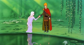 Movie still from “The Last Unicorn” (1982), directed by Jules Bass – A woman in a white dress and a man in a red cape; Wide shot, Over the shoulder angle