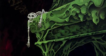 Movie still from “The Last Unicorn” (1982), directed by Jules Bass – A painting of a skeleton sitting on top of a plant; Wide shot, Low angle