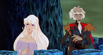 Movie still from “The Last Unicorn” (1982), directed by Jules Bass – An animated scene of a woman and a man in a forest; Medium shot, Over the shoulder angle