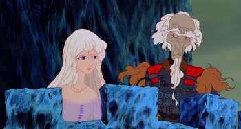 Movie still from “The Last Unicorn” (1982), directed by Jules Bass – An animated scene of a woman and a man; Medium shot, Over the shoulder angle