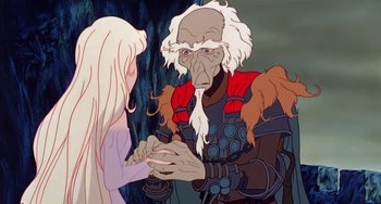 Movie still from “The Last Unicorn” (1982), directed by Jules Bass – An old man and a young girl are holding hands; Medium shot, Over the shoulder angle