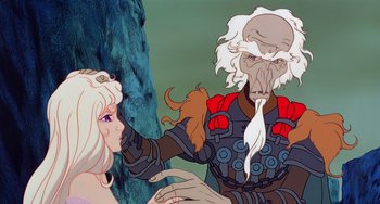 Movie still from “The Last Unicorn” (1982), directed by Jules Bass – An animated scene of a woman and a man; Close Up shot, Over the shoulder angle