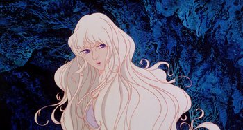 Movie still from “The Last Unicorn” (1982), directed by Jules Bass – A woman with long white hair is looking at the camera; Close Up shot, Low angle
