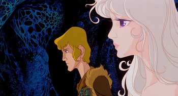 Movie still from “The Last Unicorn” (1982), directed by Jules Bass – A man and a woman are looking at each other; Close Up shot, Low angle