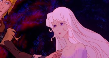 Movie still from “The Last Unicorn” (1982), directed by Jules Bass – A woman with long hair; Close Up shot, Over the shoulder angle