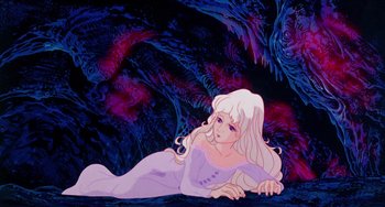 Movie still from “The Last Unicorn” (1982), directed by Jules Bass – A woman laying on the ground in a purple dress; Wide shot, High angle