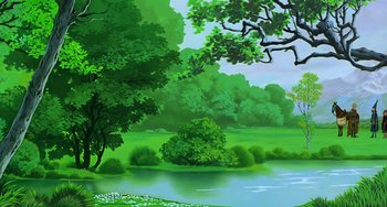 Movie still from “The Last Unicorn” (1982), directed by Jules Bass – A painting of a lake surrounded by a forest; Extreme Wide shot, Low angle