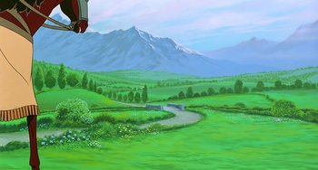 Movie still from “The Last Unicorn” (1982), directed by Jules Bass – A painting of a green valley with a river running through it and mountains in the background; Extreme Wide shot, Low angle