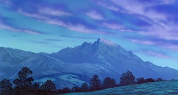 Movie still from “The Last Unicorn” (1982), directed by Jules Bass – A painting of a mountain range with trees in the foreground; Extreme Wide shot, Low angle