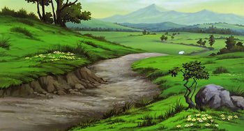 Movie still from “The Last Unicorn” (1982), directed by Jules Bass – A painting of a stream in the middle of a green valley; Extreme Wide shot, High angle