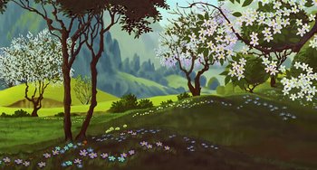 Movie still from “The Last Unicorn” (1982), directed by Jules Bass – A painting of trees and flowers on a hillside; Extreme Wide shot, High angle
