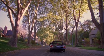 Movie still from “Desperate Hours” (1990), directed by Michael Cimino – A car is driving down a tree - lined street; Extreme Wide shot, High angle