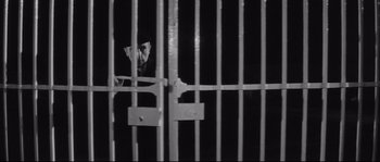 Movie still from “Diary of a Chambermaid” (1964), directed by Luis Buñuel – A man looking out of a jail cell through bars; Medium shot, Low angle