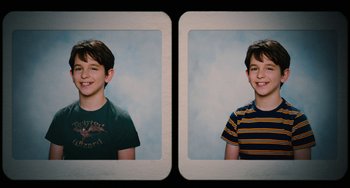 Movie still from “Diary of a Wimpy Kid” (2010), directed by Thor Freudenthal – Two pictures of a young boy in a striped shirt; Close Up shot, Overhead angle