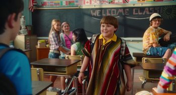 Movie still from “Diary of a Wimpy Kid” (2010), directed by Thor Freudenthal – A group of children standing in a classroom; Wide shot, High angle