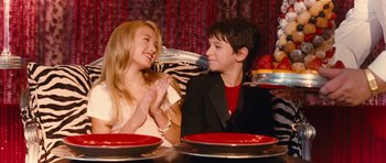 Movie still from “Diary of a Wimpy Kid: Rodrick Rules” (2011), directed by David Bowers – A boy and a girl sitting at a dinner table clapping; Medium shot, Over the shoulder angle