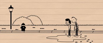 Movie still from “Diary of a Wimpy Kid: Rodrick Rules” (2011), directed by David Bowers – A drawing of a man standing in front of a tree; Wide shot, High angle
