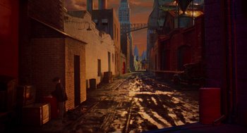 Movie still from “Dick Tracy” (1990), directed by Warren Beatty – An animated scene of a city street with buildings; Extreme Wide shot, High angle