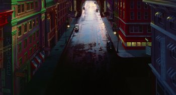 Movie still from “Dick Tracy” (1990), directed by Warren Beatty – A painting of an empty street at night; Extreme Wide shot, High angle