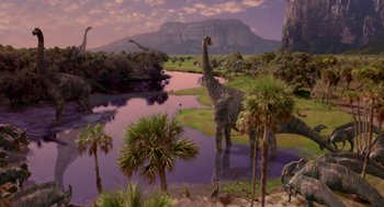 Movie still from “Dinosaur” (2000), directed by Eric Leighton – An image of a scene with a dinosaur in the background; Extreme Wide shot, High angle