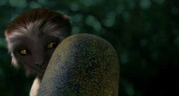 Movie still from “Dinosaur” (2000), directed by Eric Leighton – An image of an animal that is looking at the camera; Close Up shot, Over the shoulder angle