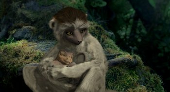 Movie still from “Dinosaur” (2000), directed by Eric Leighton – A monkey holding a baby monkey in its arms; Close Up shot, High angle
