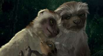 Movie still from “Dinosaur” (2000), directed by Eric Leighton – A monkey and a baby monkey are standing together in a forest; Close Up shot, Low angle