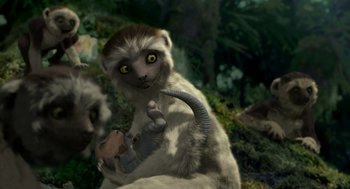 Movie still from “Dinosaur” (2000), directed by Eric Leighton – An animal with a long tail is sitting in the woods; Extreme Close Up shot, High angle