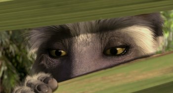 Movie still from “Dinosaur” (2000), directed by Eric Leighton – The eyes of a cat looking through a fence; Extreme Close Up shot, High angle