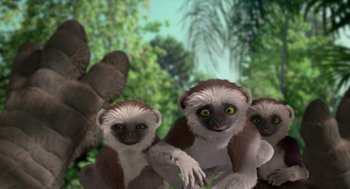 Movie still from “Dinosaur” (2000), directed by Eric Leighton – A group of three monkeys standing next to each other in a forest; Medium shot, Low angle