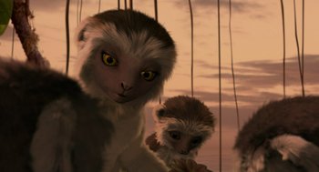 Movie still from “Dinosaur” (2000), directed by Eric Leighton – A couple of monkeys that are next to each other; Close Up shot, High angle