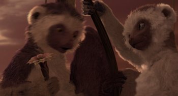 Movie still from “Dinosaur” (2000), directed by Eric Leighton – Two stuffed animals are playing with each other; Extreme Close Up shot, High angle