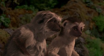 Movie still from “Dinosaur” (2000), directed by Eric Leighton – A pair of monkeys sitting next to each other on the ground; Close Up shot, High angle