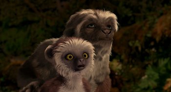 Movie still from “Dinosaur” (2000), directed by Eric Leighton – A couple of monkeys that are next to each other; Close Up shot, Low angle