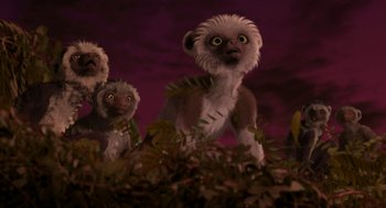 Movie still from “Dinosaur” (2000), directed by Eric Leighton – A group of animals that are standing in the grass; Medium shot, Low angle