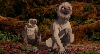 Movie still from “Dinosaur” (2000), directed by Eric Leighton – A pair of monkeys sitting next to each other in a forest; Medium shot, High angle