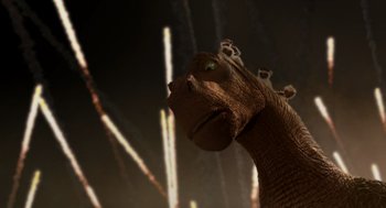 Movie still from “Dinosaur” (2000), directed by Eric Leighton – The head of a stuffed giraffe; Close Up shot, Low angle