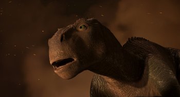 Movie still from “Dinosaur” (2000), directed by Eric Leighton – The head of a dinosaur; Close Up shot, Low angle