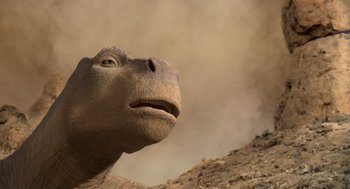 Movie still from “Dinosaur” (2000), directed by Eric Leighton – The face of a dinosaur; Close Up shot, Low angle