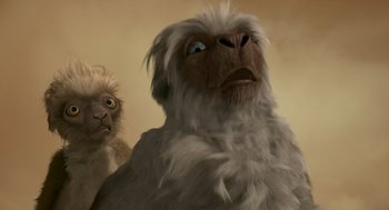 Movie still from “Dinosaur” (2000), directed by Eric Leighton – An image of an animal that looks like an ostrich; Close Up shot, Low angle