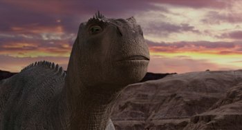 Movie still from “Dinosaur” (2000), directed by Eric Leighton – The head of a dinosaur; Extreme Close Up shot, Low angle