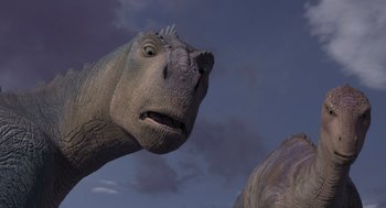 Movie still from “Dinosaur” (2000), directed by Eric Leighton – The head of a dinosaur; Close Up shot, Low angle