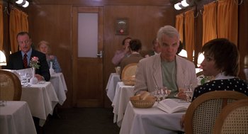 Movie still from “Dirty Rotten Scoundrels” (1988), directed by Frank Oz – A man sitting at a table in front of a plate of food; Medium shot, Over the shoulder angle