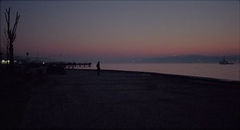 Movie still from “Distant” (2002), directed by Nuri Bilge Ceylan – A person standing on a beach at night; Extreme Wide shot, Low angle
