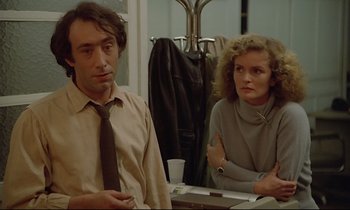 Movie still from “Diva” (1981), directed by Jean-Jacques Beineix – A man and a woman sitting in front of a bathroom mirror; Medium shot, Over the shoulder angle