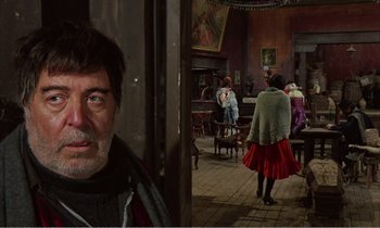 Movie still from “Django” (1966), directed by Sergio Corbucci – A man and a woman in a room with a lot of furniture; Medium shot, Over the shoulder angle