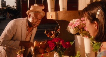 Movie still from “Do the Right Thing” (1989), directed by Spike Lee – An older man is looking at flowers in a vase; Medium shot, High angle